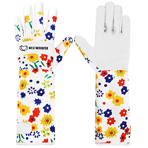 WESTWOOD FOX Leather Gardening Gloves Long Forearm Protection Sleeves Thorn Proof Work Gloves Rose Pruning Garden Safety Breathable Durable Thick Palm Gauntlet Gift for Men and Women (White