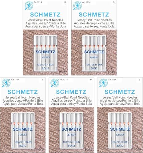 SCHMETZ Jersey Ball Point Sewing Machine Needles Stretch Knit & Universal Supplies Size 80/12 5-Needle Cards Pack of 5