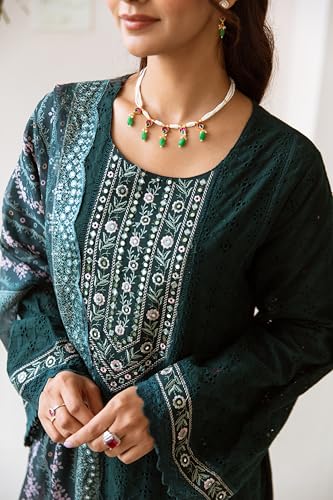 Image of ishin Embellished Yoke Cotton Schiffli Kurta Paired with Lace Hemlined Pants and Art Silk Dupatta