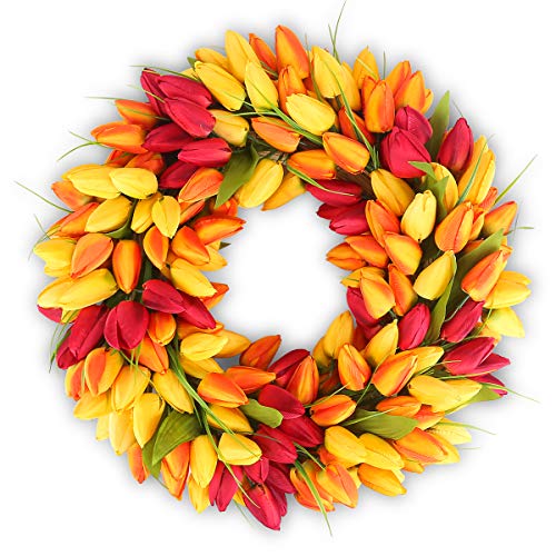 HANTAJANSS Artificial Tulip Flower Wreaths for Front Door 20 Inches, Silk Fake Flower Mini Tulip Wreaths for Spring, Summer, Winter, Home, Wedding, Festiva DÃ©cor