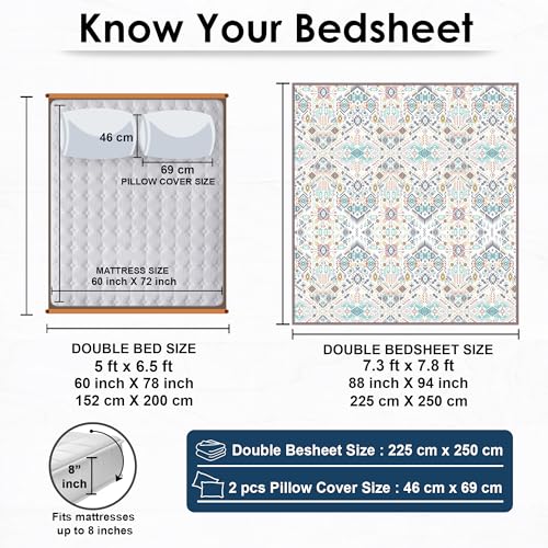 Story@Home 240 Tc Bedsheet for Double Bed Queen Size 240Tc Satin Finish, Microfiber Double Bed Bedsheet, 225X250Cm with 2 Pillow Covers, White & Blue Aztec | Perfect for Festive Gifting