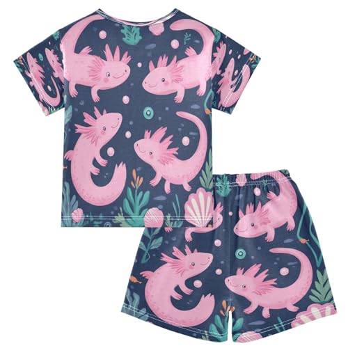 Pajama Sets Short Sleeve Cute Pink Axolotl Pattern Soft Cotton Summer Sleepwear 2 Piece PJS Size 5-14T2