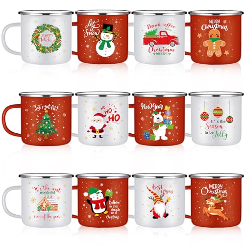 Mifoci 12 Pcs Christmas Coffee Mug 12oz Stackable Enamel Coffee Cups Galvanized Steel Santa Xmas Tree Snowman Holiday Chocolate Cocoa Cups Winter Kitchen Decorations Xmas Cups Gift(Stylish)