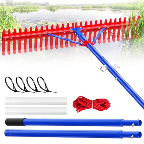 Lake Rake Pond Rakes Aquatic Weed Rakes Weeds Rake for Pond or Lake with 7 Metal Tines 11FT Extension Handle 26FT Rope and Float for Removal of Weeds Leaves(Patents Pending