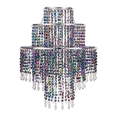 Waneway Acrylic Chandelier Shade, Ceiling Light Shade Beaded Pendant Lampshade with Crystal Beads and Chrome Frame for Bedroom, Wedding or Party Decoration, Diameter 12.6 inches, 3 Tiers, Multicolor Cover