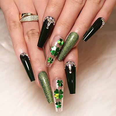 FRUJCDKI Bright Green Press on Nails Short Almond, Glue on Nails for St Patricks Day Gift | False Nail Kits with Shamrocks Design, Fake Nails Coffin Long, Gel Stick on Nails Sets Short for Women Gift