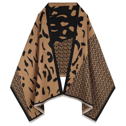 Relang Pashmina-Schal für Damen, seidiger Schal für Abendkleid, Decke, offener Poncho-Umhang, Leopardenmuster, Schwarz und Braun, Standard