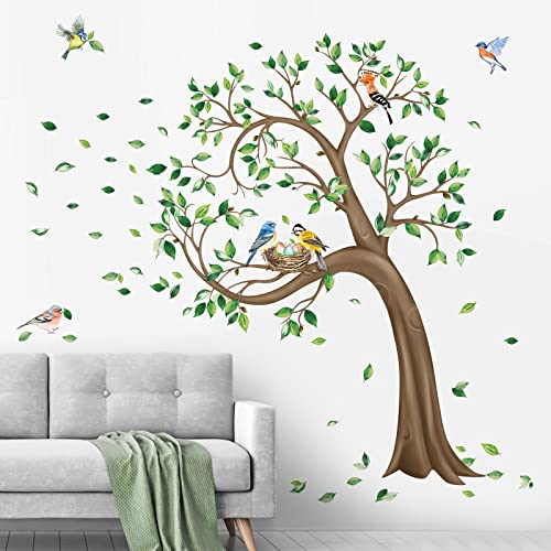 decalmile Large Green Tree Wall Stickers Flying Leaves Birds Wall Decals Bedroom Living Room Sofa TV Background Wall Decor (H:160CM) - Image 2