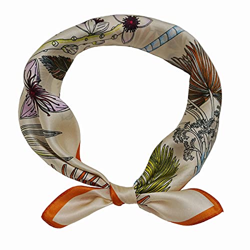 Lemoyoung 100% Pure Mulberry Silk Scarf 21"x21" Lightweight Neckerchief Head Scarves Women Men Small Square Printed Scarves (Palm tree-Beige)
