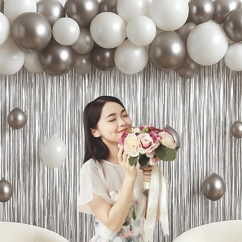Image of Silver and white balloons with silver foil frills, pack of 69 for birthday decoration, Home decoration items, Annoversary decoration