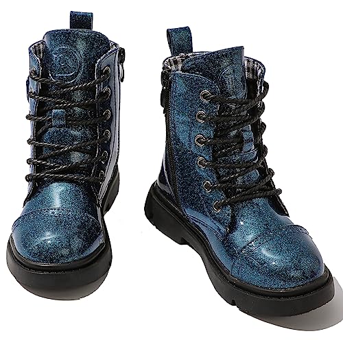 DADAWEN Boys Girls Glitter Ankle Boots Lace Up Waterproof Combat Boot With Side Zipper (Toddler/Little Kid/Big Kid) Navy Glitter US Size 2 M Little Kid