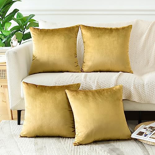 OTOSTAR Set of 4 Decorative Throw Pillow Covers Soft Velvet Solid Square Pillow Cases Luxury Cushion Covers Case for Sofa Car Patio Bedroom Living Room 20x20 Inch, Golden
