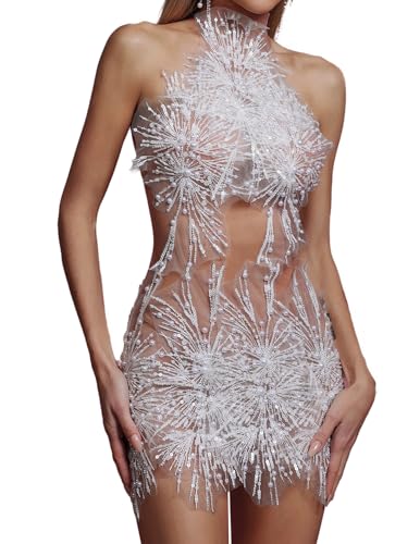 BELLA BARNETT Elegant Silver Mesh Beaded Embellished Halter Neck Bodycon Party Dress