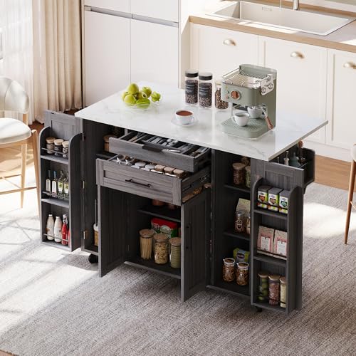 Oslghy Isla De Cocina Móvil con Ruedas, Carro de Cocina con Mesa de Comedor Extensible, Mueble Auxiliar de Cocina con Estante Ajustable, Rejilla para Condimentos y Toalleros, 136x45-70x92cm (Gris)