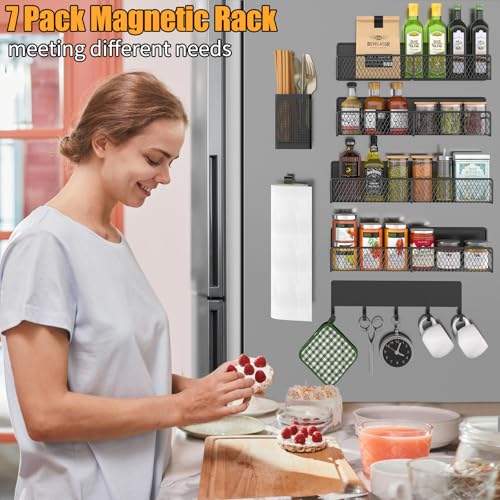 Portaspezie Magnetico Per Frigorifero, Confezione Da 7 Mensole Magnetiche In Metallo Nero, Organizer Mobile Per Spezie Con Gancio, Porta Asciugamani Di Carta, Porta Utensili Da Cucina, Organizer - 6