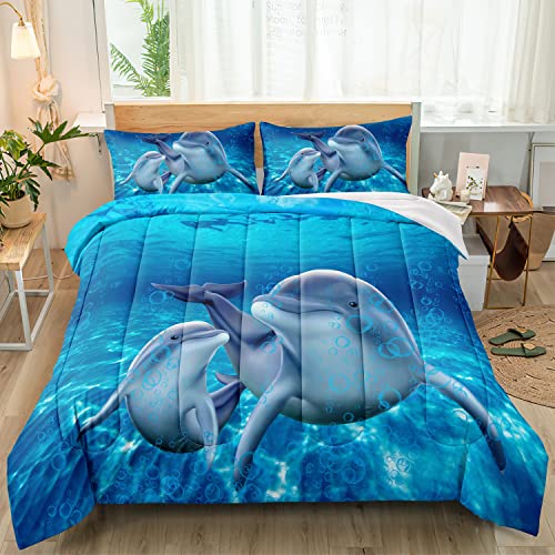 Bducok Dolphin Bedding Set Cute Dolphin Jumping Blue Ocean Animal Themed Comforter Set For Kids Boys Girls Adult Room Decor Dolphin Comforter Cover Queen Size 1 Comforter Wiht 2 Pillowcases #TOP1