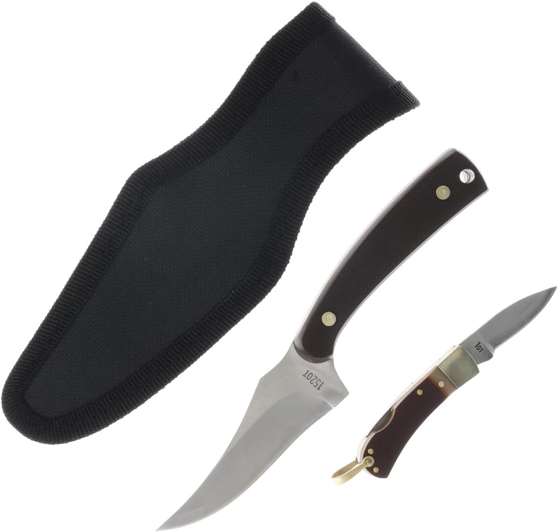 Old Timer 1227067 Sharpfinger & Folder Knife Set Gift Tin – Brown Sawcut Delrin Handle, Stainless Steel Blades – Classic Outdoors & Collectible Knife Duo