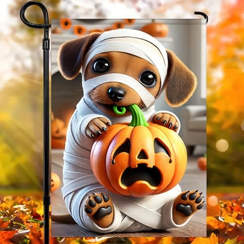 Image of Garden Flags - 12x18 Inch Double Sided Trick or Treat Dachshund Halloween Dog Skeleton Decorations for Outside