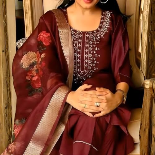 Image of Womens Magic Cotton Kurti Pant Dupatta Set | Three-Quarter Sleeve Ethnic Kurta Pant & Dupatta Set (Size - XXL, Maroon)