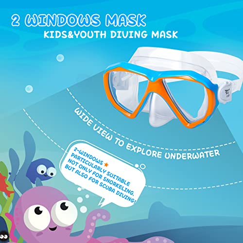 Kids Snorkel Diving Mask 180° Anti-Fog Child Swim Mask, Tempered Glass Swim Goggles With Nose Cover Anti-Leak Swim Goggles For Swimming Diving Snorkeling For 4-14 Boys Girls Youth (Orange) #TOP2