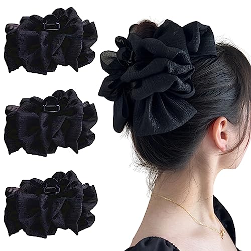 3Pcs Chiffon Silk Hair Clips - Claw Clips for Long Thick Hair, Bow Hair Accessories for Women (Black)