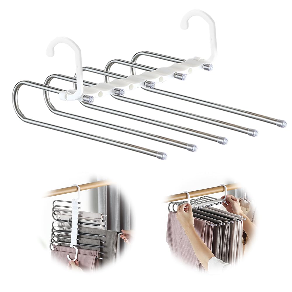 Multi-Functional Pants Rack Hanger, Magic Pants Hangers Space Saving, Closet Multiple Layers Multifunctional Uses Rack Organizer for Trousers Scarves Slack (1 Pack with 5 Metal Clips - Steel Color)