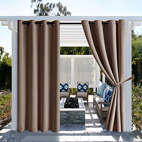 Hiasan Outdoor Curtains for Patio Waterproof - Grommet Sun Blocking Thermal Insulated Blackout Curtains for Porch, Gazebo and Pergola, 52 X 95 Inches Long, Khaki, Set of 2 Drape Panels and 2 Tiebacks