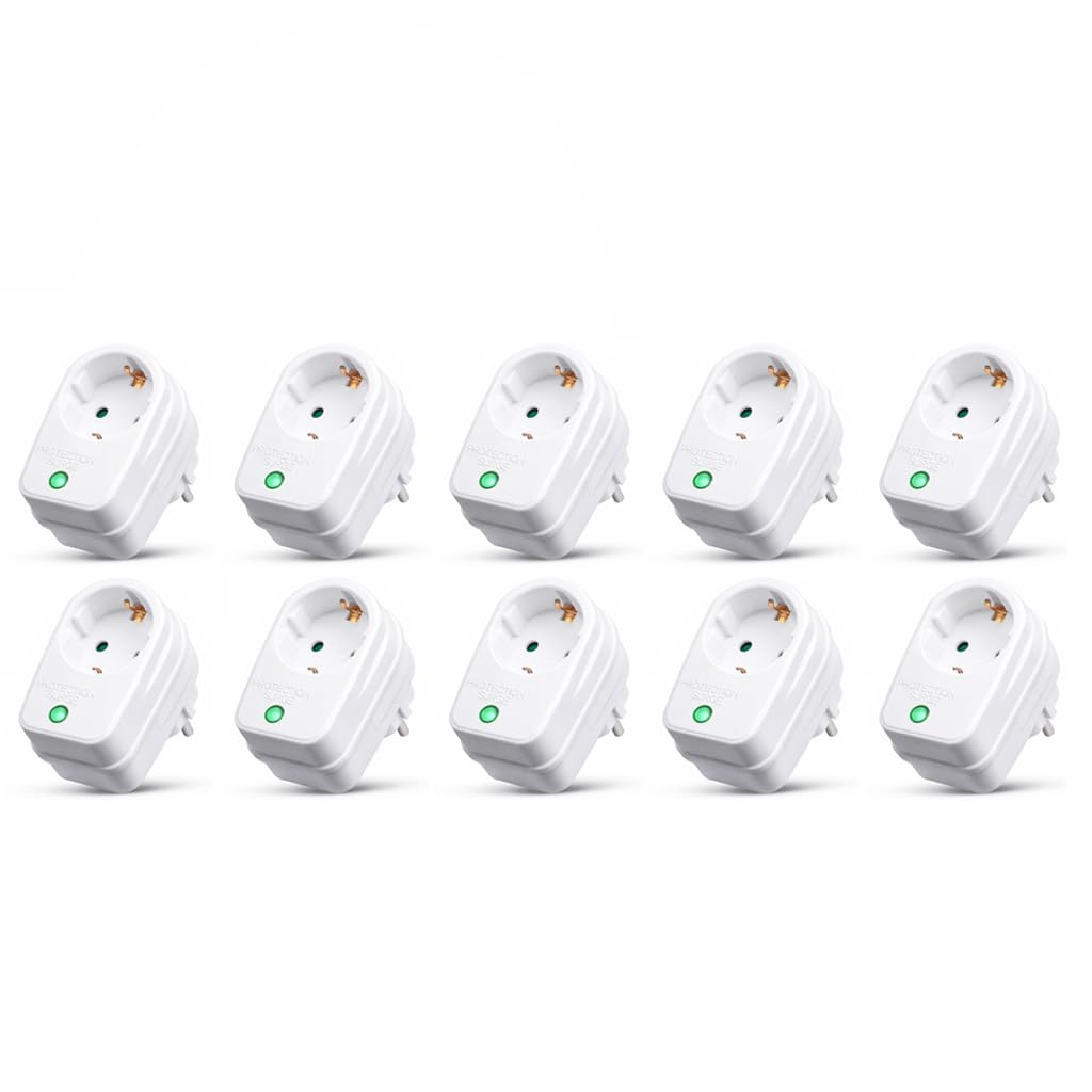 Adaptador de enchufe 10X con protección de sobretensión | 230 V | protección contra rayos enchufe adaptador de protección de red | 3500 W | con cierre de seguridad para niños | 10 piezas