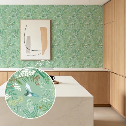 SOON AFTER Boho Botanical Peel and Stick Wallpaper, 17.3" x 118" Mint Green Removable Vinyl Wallpaper, Waterproof Self-Adhesive Nature Bird & Floral Contact Paper for Bedroom Living Room Cabinets by SOON AFTER - Used condition - Image 9