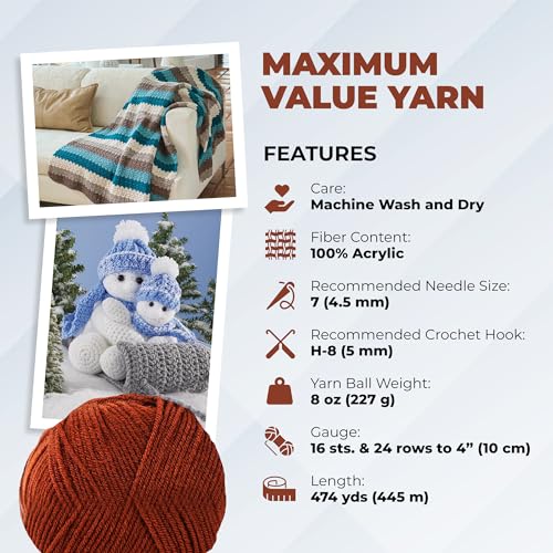 Image of Mary Maxim Maximum Value Acrylic Yarn for Crocheting and Knitting, Soft Worsted Weight Yarn 4, Ideal for Blankets, Sweaters, Hats, and Scarves, 8 oz Skein (474 Yds), Copper - 1 Skein