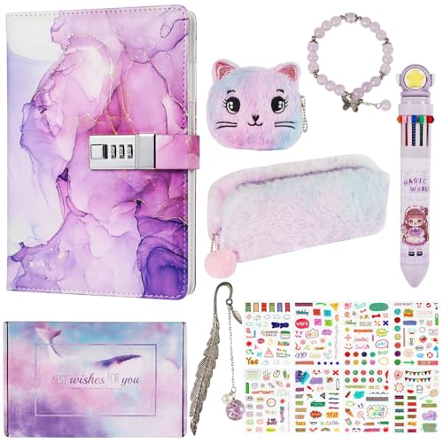 Realjoy Diario Secreto Niñas, Regalos para Niñas de 7 8 9 10 11 12 13 Años, Diario con Candado, Pegatinas, Bolígrafo, Estuche, Pulsera, Marcapáginas, Regalos de Cumpleaños, Material Escolar（Violeta）
