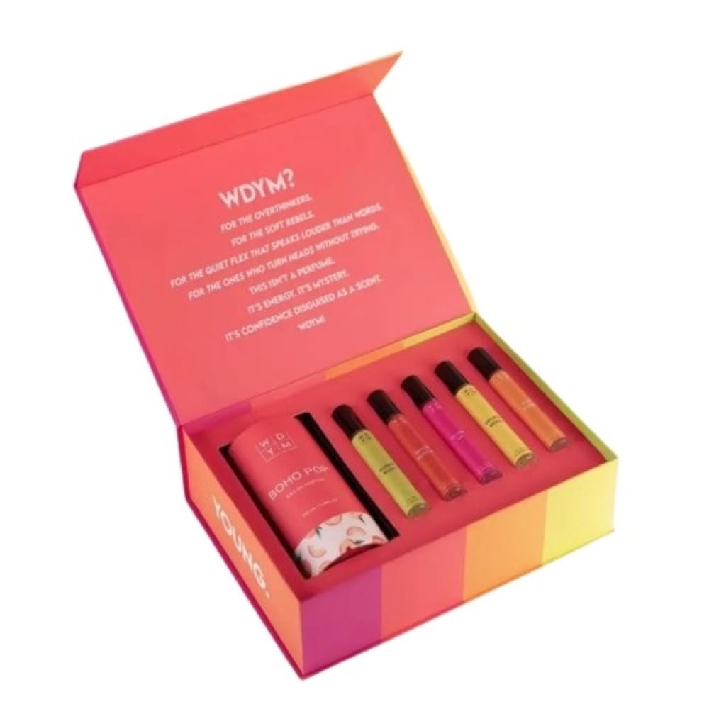 WDYM What Do You Mean Perfume Gift Box | Boho Pop 100ML | Slay Queen, Splash Mood, Spice Hustle, Sugar Rush & Glow Up Each 10ML | Luxury Eau De Parfum Collection | Signature Fragrance Gift | 150 ML-image-0