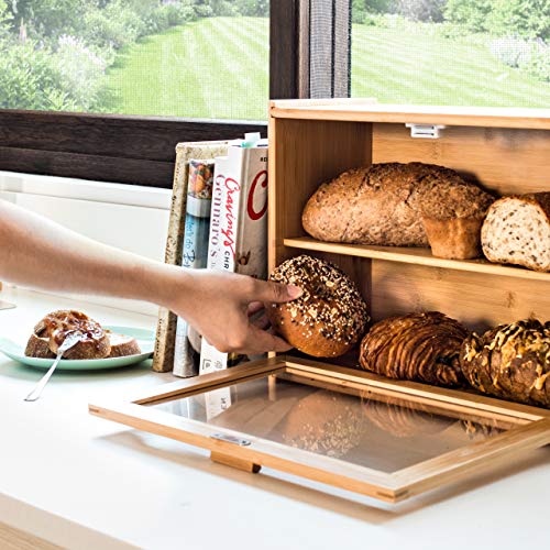 Laura's Green Kitchen Large Bread Box - Bamboo Wood Bread Box With Clear Front Window - Farmhouse Style Bread Bin For Kitchen Counter - Double Layer Bread Storage Bin Holds 2 Loaves - Fully Assembled #TOP1