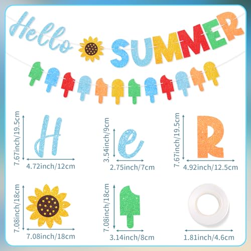 Adecortalk Summer Decorations Colorful Hello Summer Banner Ice Cream Popsicle Sunflower Garland Party Supplies for Birthday Baby Shower Home Indoor Outdoor Party Supplies