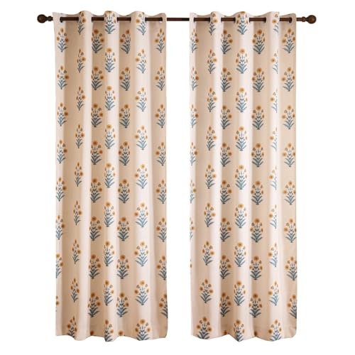 Image of ISAENNE Designer Vintage Linen Printed Curtain,2 Panels,87 inchx65 inch-Estevan A | Elegant Curtains with Grommets 87 inches long,Pale Yellow Floral Pattern Decor Draps,kitchen Bedroom Living Room Window