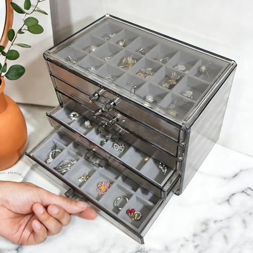 HOUKANWE Acrylic Earring Holder Organizer with 5 Drawers Clear Earring Organizer Box with 90 Adjustable Grids Velvet Earring Display Case Jewelry Organizer for Earrings Rings Studs (Brown Gray) by HOUKANWE - Used condition - Image 2