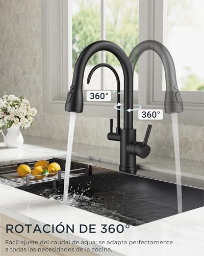 Miniatura 6 de Forious Grifo Cocina, Grifo 3 Vias, Torneira Cozinha Giratorio A 360 Con Filtro De Agua Potable, Grifo Cocina Extraíble Con 2 Palancas, Negro Mate