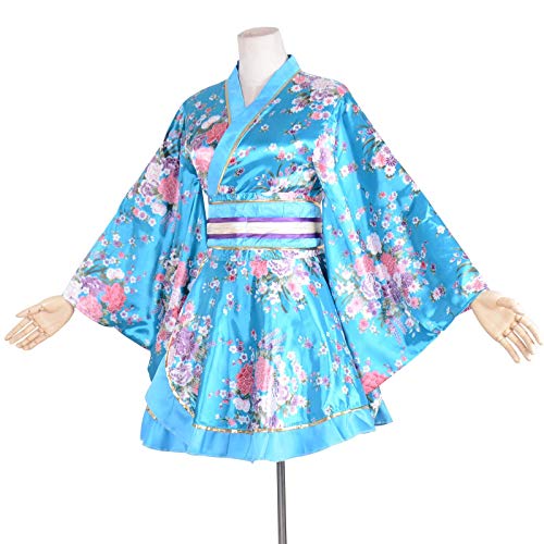 HongH Kimono Bathrobe Costume Japanese Traditional Yukata Cosplay Women's Sexy Sakura Pattern (Blue), Large
