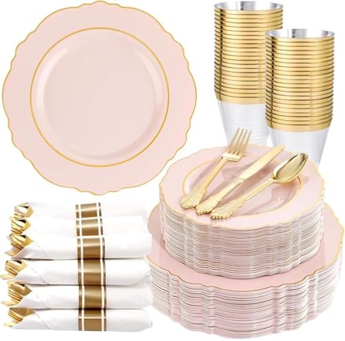 Liacere 350PCS Pink Plates Disposable-PinK Plates 50guest Baroque Plastic Dinnerware include 100Plates 50Pack Pre Rolled Napkins with Silverware 50Cups Perfect for Wedding & Party & Baby shower