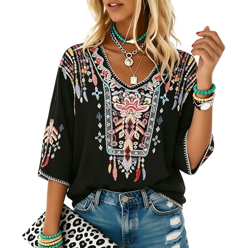 Higustar Mexican Embroidered Tops for Women Traditional Boho Tunics Bohemian Shirts Plus Size Peasant Clothes Blouses Black