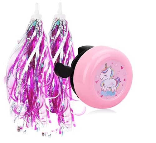 U-LIAN Kids Streamers and Bike Bell for Girls-1 Pack Bicycle Bell with 2 Pack Handlebar Streamers Scooter Tassels for Children's Bike Accessories (Pink UCN Bell+ Pink Tassels)