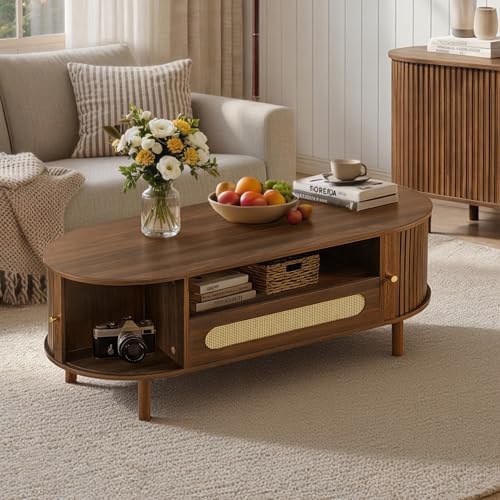 KISLOT Oval Coffee Table with Drawer,47.2" Fluted Center Table for Living Room,Modern Coffee Tables with Sliding Tambour Door,Farmhouse Table with Hidden Storage,Walnut by KISLOT - Used condition - Image 4