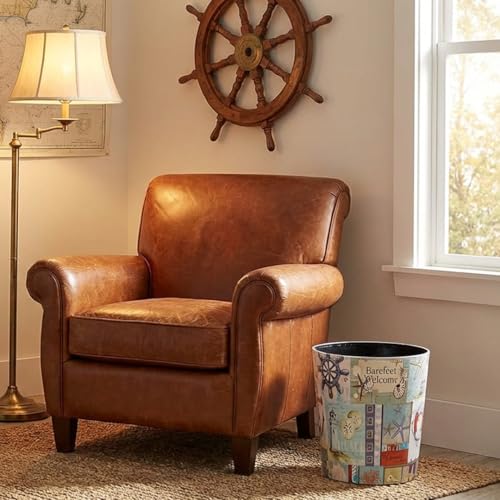 Image of PU Leather Small Trash Can Wastebasket, Round Garbage Container Basket for Bathrooms, Laundry Room, Kitchens, Offices, Kids Rooms, Bedrooms,Home Decorative Art Bin, 2.9 Gallon (Nautical Beach)