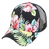 Hawaiian Baseball Cap Mesh Trucker Floral Hat Fashion Snapback Tropical Caps (Black/Pink)