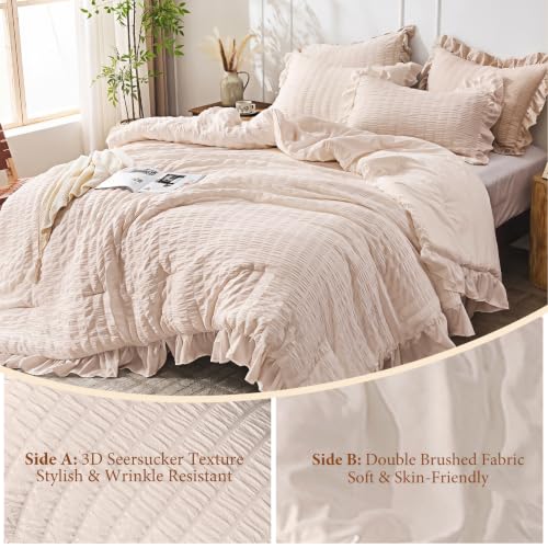 Image of JOLLYVOGUE Beige King Comforter Set, 3 Pieces Seersucker Comforters King Size, Lightweight & Fluffy Bedding Sets for All Season with 1 Ruffle Comforter and 2 Ruffle Pillowshams