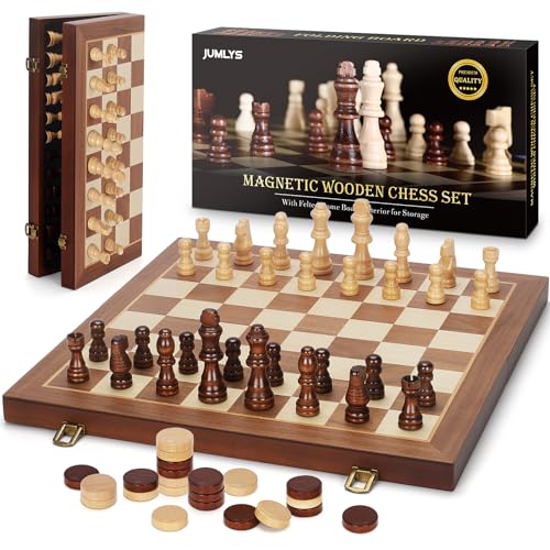 2 in 1 Magnetic Chess Set & Checkers Board Recreation, 15″ Wood Folding Chess Board with 2 Additional Queens, Transportable Journey Chess Set with Items Storage Slots, Newbie Chess Board Recreation for Adults & Youngsters