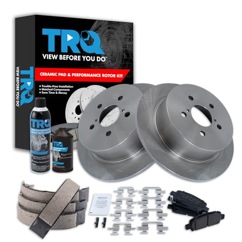Image of TRQ Rear Brake Pad & Rotor Kit, with Chemical Kit Parking Brake Shoe Set Ceramic Compatible with 2008-2009 Subaru Legacy