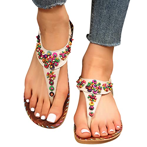 BIBOKAOKE Sandalen Damen Sommer Flache Zehentrenner Sandaletten Bohemian...