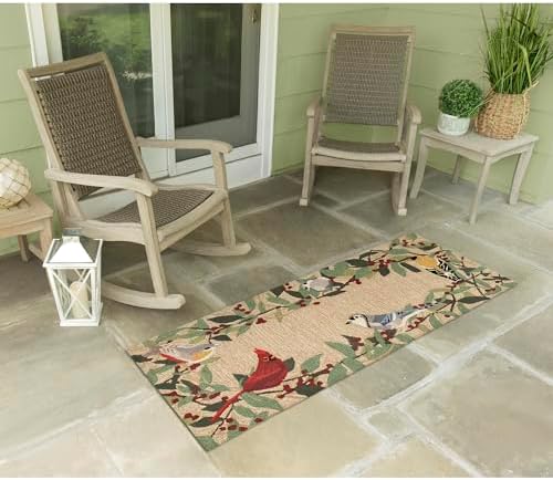 Liora Manne Frontporch Hand-Tufted Indoor/Outdoor Easy Care Area Rug Rug-Traditional, Botanical, Leaf, Contemporary, Bird Border Natural 2' x 5'