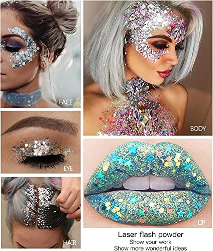 Body Glitter Gel 16 Color Sequins Glitter Gel Easy To Apply&Clean, Festival Glitter Christmas Makeup For Women Long Lasting Sparkling Suitable For Body, Face, Hair, Eyes Pink(Chunky Glitter) #TOP4